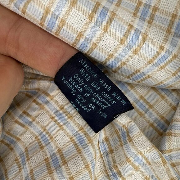 Faconnable Dress Shirt Mens L Blue Tan Checked Long Sleeve Button Up - Picture 10 of 10